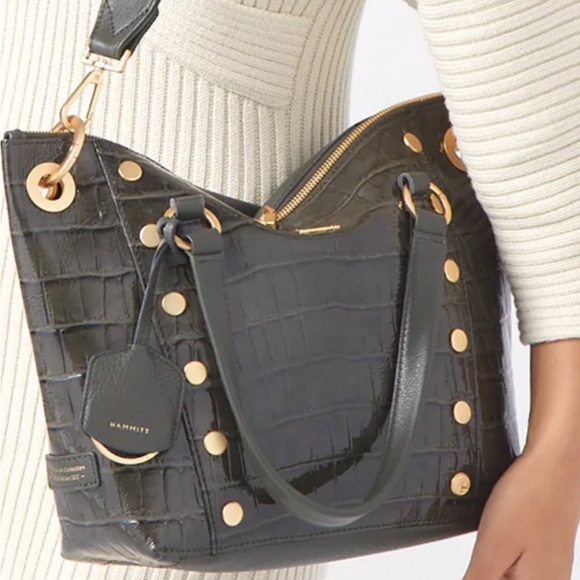 Hammitt Daniel Medium Manhattan Green Crocodile-Embossed Tote with Gold Details - Picture 3 of 13